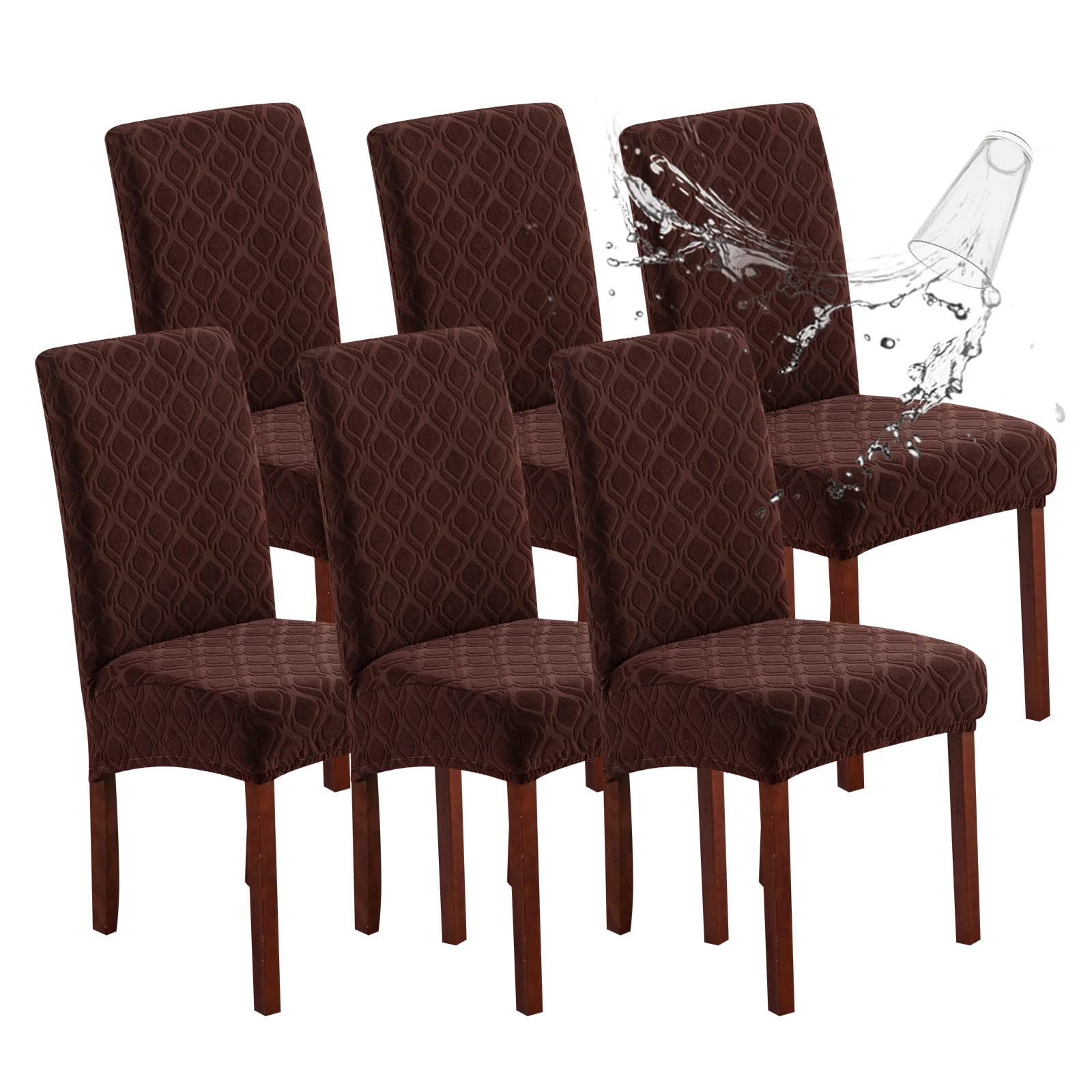 Genina Waterproof Chair Covers For Dining Room, Stretch Jacquard Dining Chair Slipcovers Removable Washable Chair Protector For Kitchen, Hotel, Restaurant (Jacquard-Chocolate, 6 Pcs)