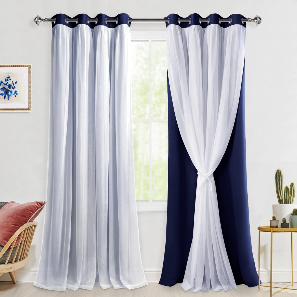 Hiasan Mix & Match Blackout Curtains with Sheer Overlay, Double Layer Extra Long Thermal Insulated Grommet Window Curtains for B