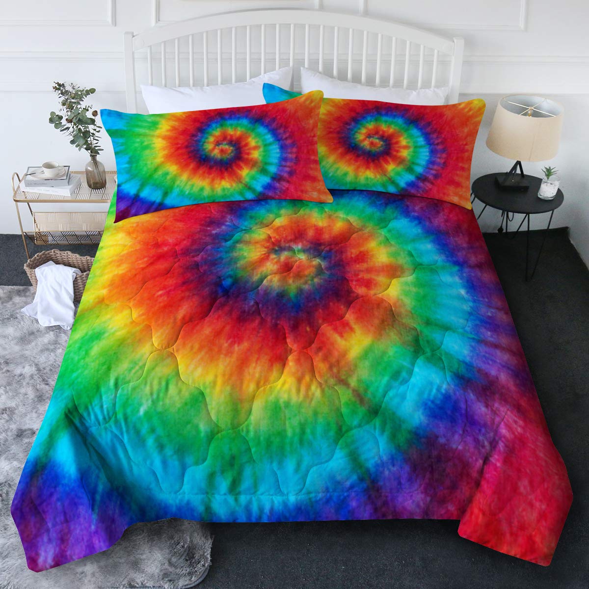 Blessliving Tye Dye Comforter Set Girls Full/Queen Size Comforter Sets Rainbow Bedding Set 3Pc Boho Colorful Bedding Sets Soft T