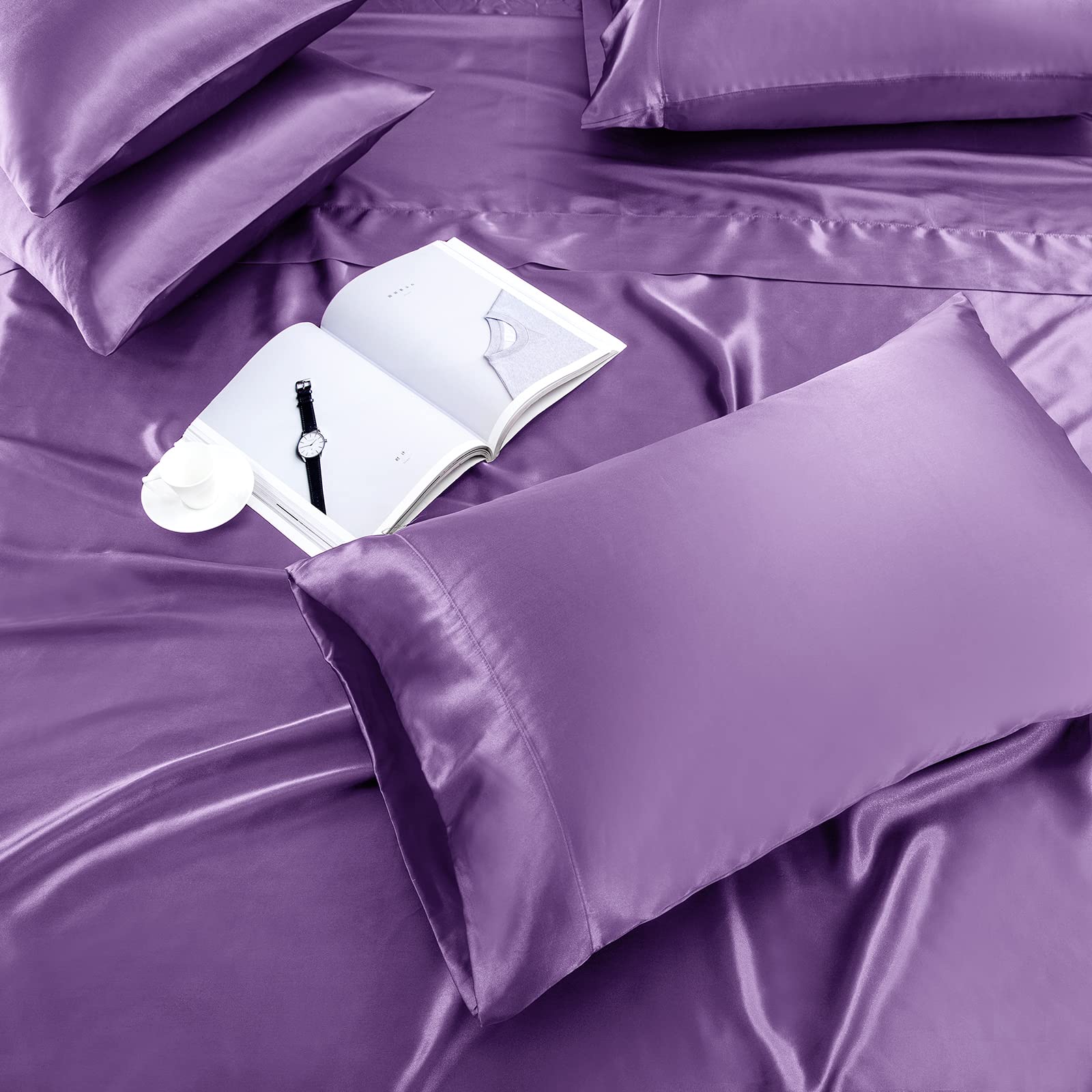 Treely Satin Bed Sheets 6 Piece,Hotel Luxury Silky Queen Sheet Set With Deep Pocket, Fitted Sheet - Purple Queen Size Satin Shee