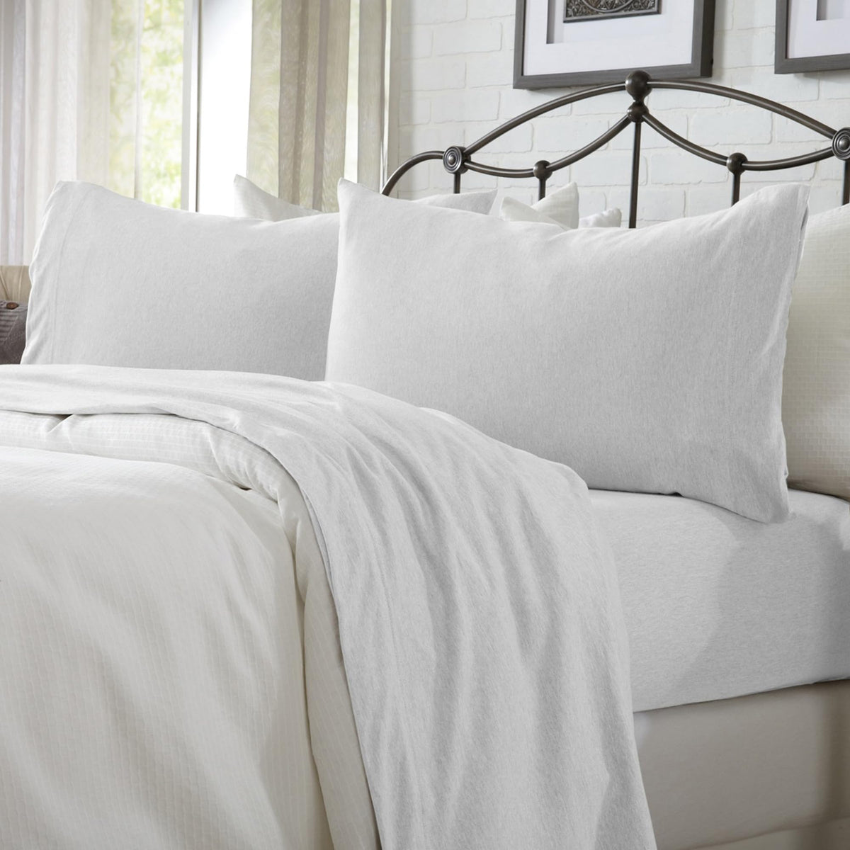 Great Bay Home Cotton Jersey Knit King Sheet Set - Ultra-Soft, Stretchy, Heathered Melange White Bed Sheets - Cozy, Soft T-Shirt