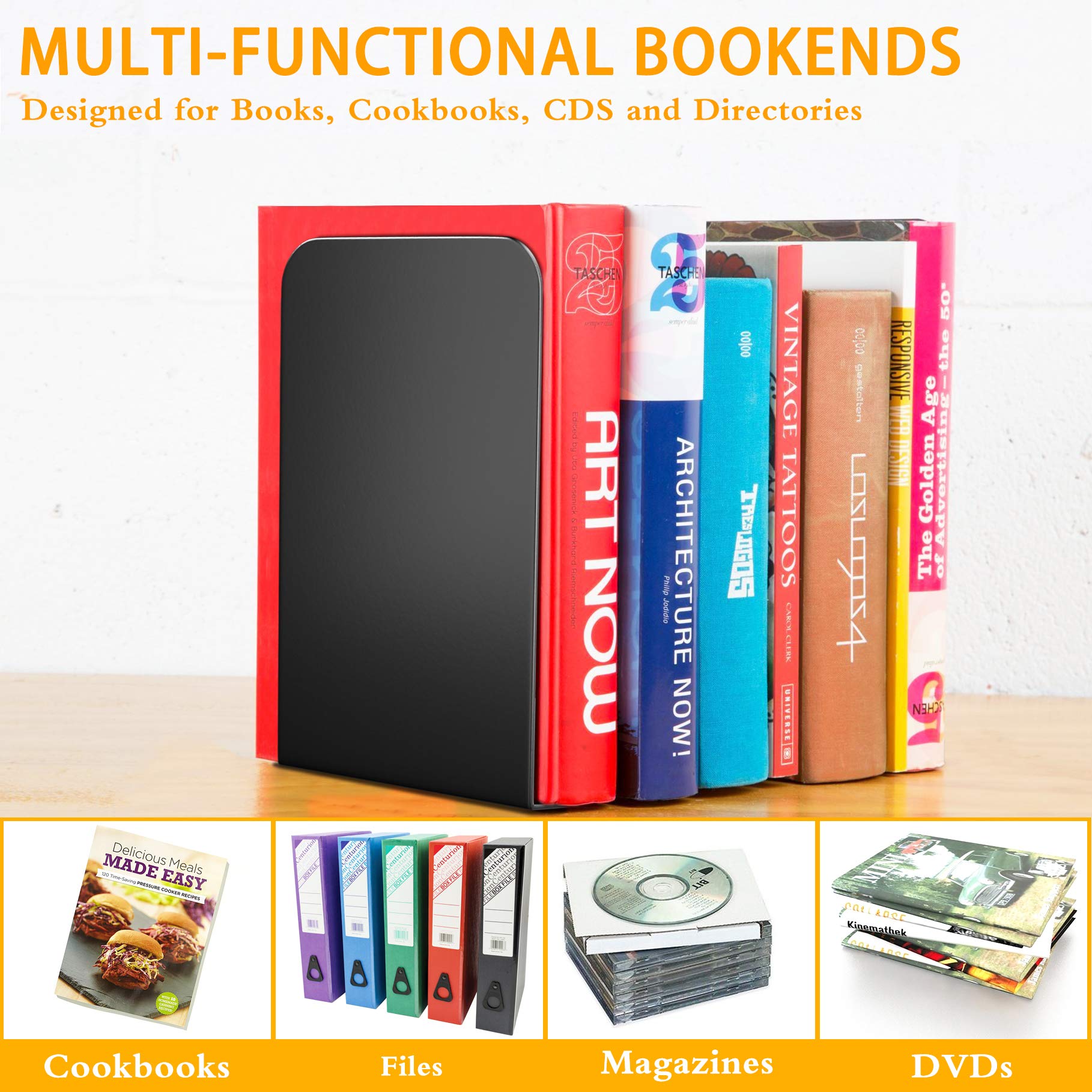 Vfine Bookends 1 Pair, Bookends For Shelves, Metal Black Book Ends For Shelves, Book Ends For Heavy Books, Book Shelf Holder For