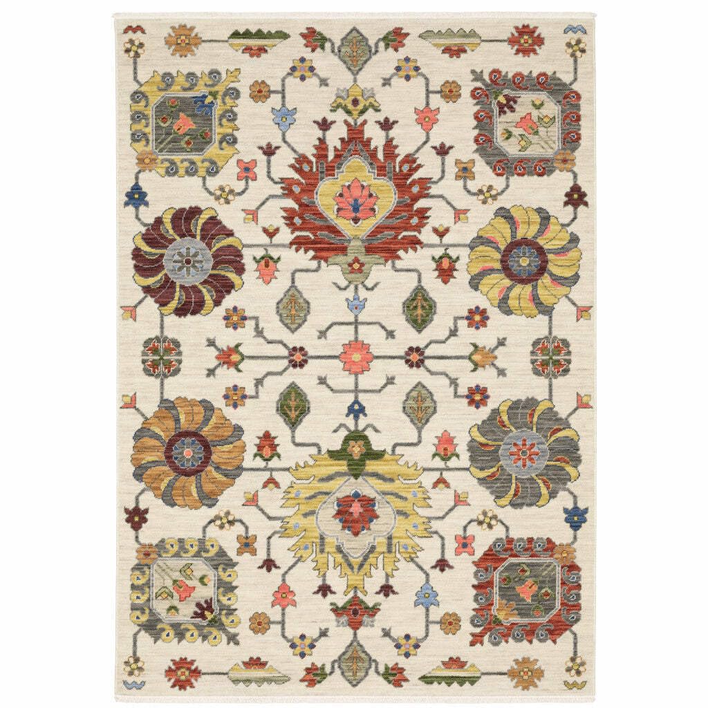 HomeRoots 509342 6 x 9 ft. Ivory Yellow Rust Green Gray Pink Orange Blue & Gray Oriental Power Loom Stain Resistant Rectangle Area Rug with Fringe