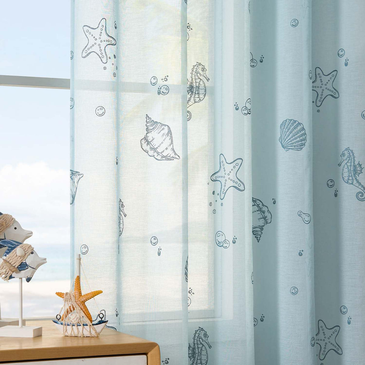 Jinchan Blue Sheer Curtains 84 Inches Long Nautical Coastal Starfish Seashell Pattern Curtains For Bedroom Beach House Window Tr
