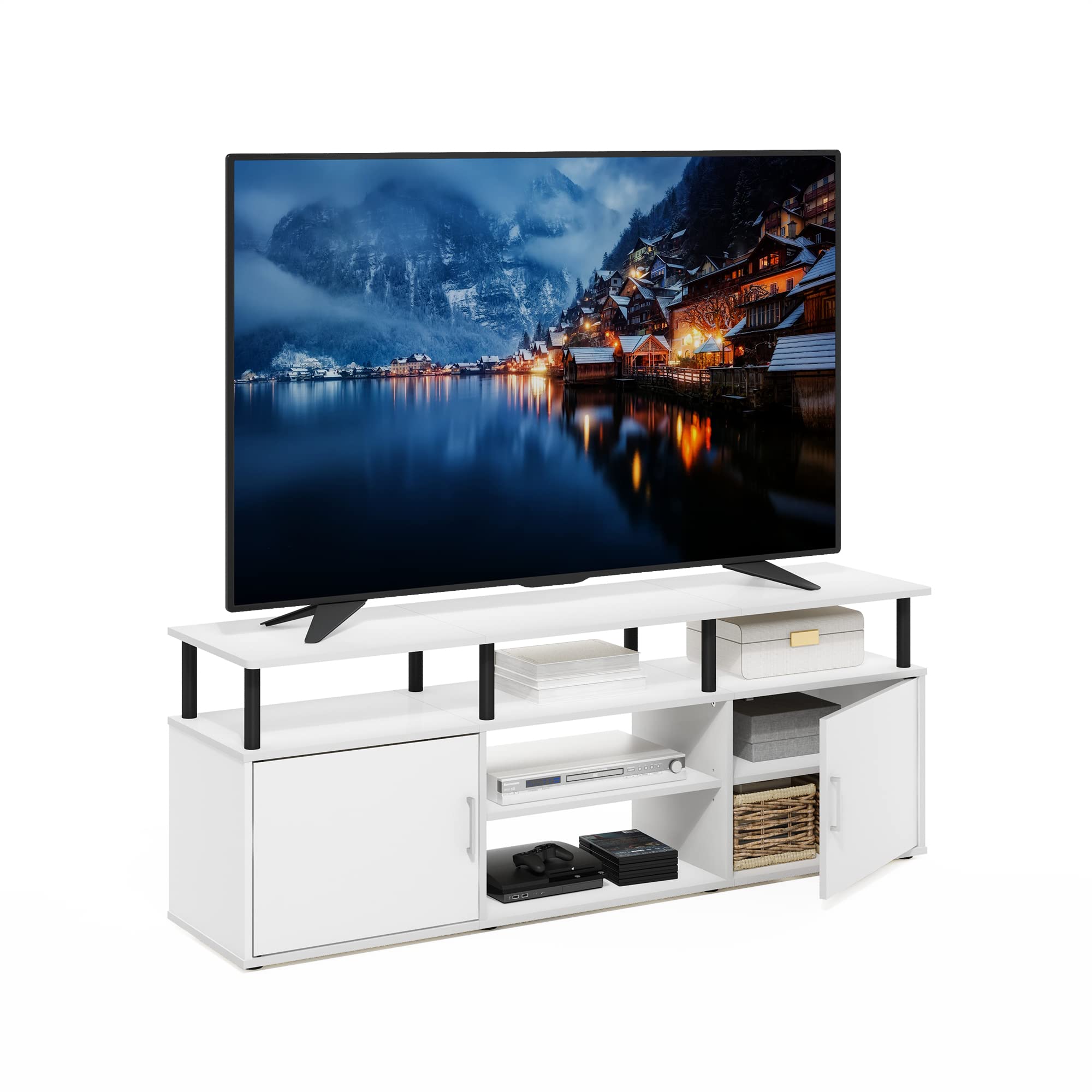 Furinno Jensen Entertainment Center Stand for TV up to 70 Inch, Plastic Pole, Solid White/Black