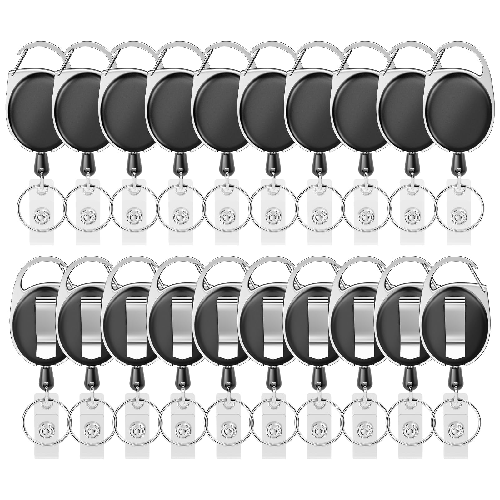 Retractable Badge Holder With Carabiner Reel Clip And Key Ring For Id Card Key Keychain Holders Black 20 Pieces By Moeverex