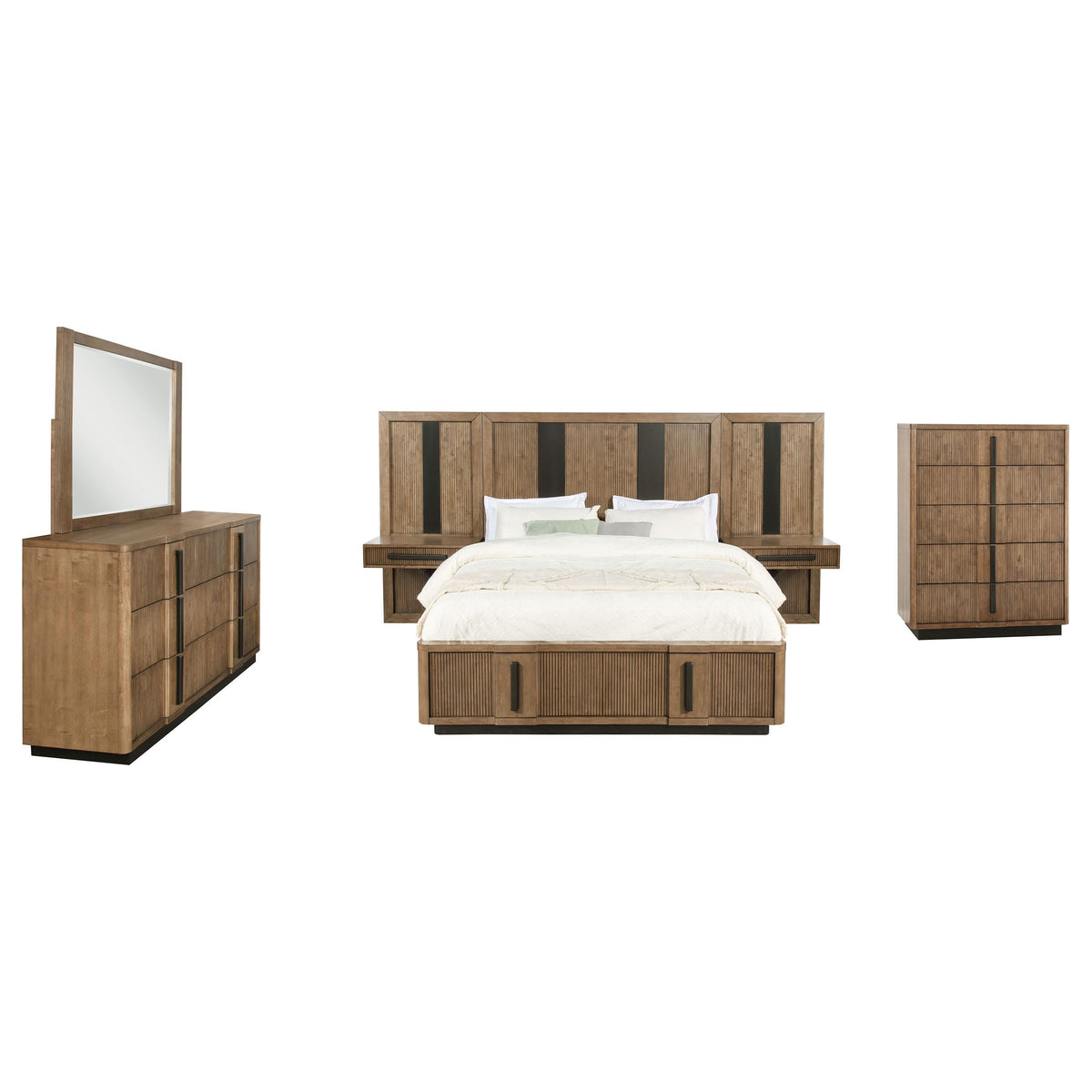 Coaster Home Furnishings Terrace Transitional 6-Piece Bedroom Set Queen Size Wall Panel Storage Bed Frame 58-inch Headboard Ash Brown 224900Q-S6P