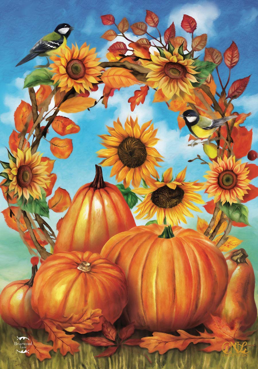 Autumn Wreath Still Life Garden Flag Fall Sunflowers Pumpkins 12.5' X 18'