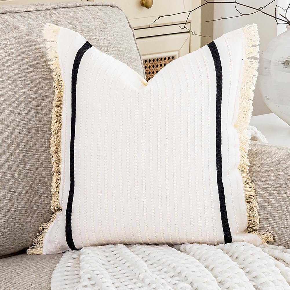 Carrie Home Cream White Boho Striped Throw Pillow Cover 18X18 With Tassels 1 Pack, Neutral Couch Pillows For Bed Couch, White Co