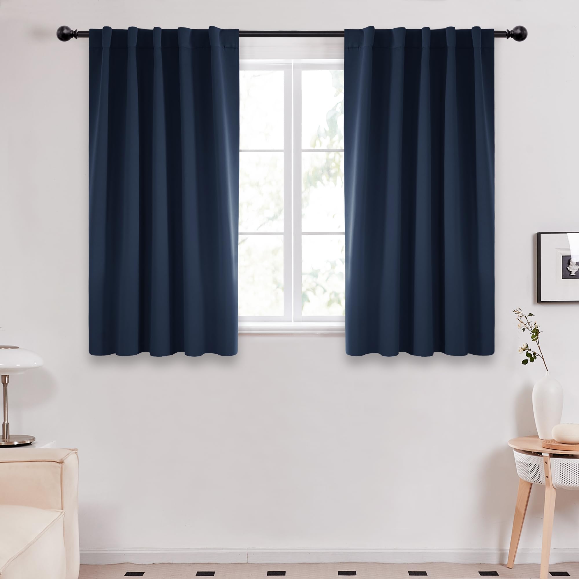 Deconovo Short Blackout Curtains For Small Windows, Thermal Insulated Rod Pocket And Back Tab Curtains, 42W X 45L Inch, Navy Blu
