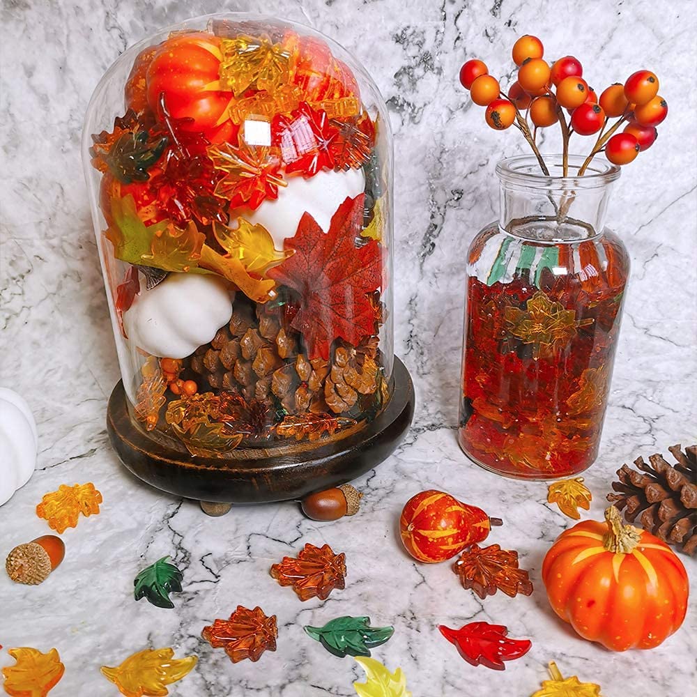 100Pcs Acrylic Leaves Mini Pumpkins Acorns Maple Leaves Acrylic Fall Decorations, Thanksgiving Table Scatter Fall Vase Filler Ge