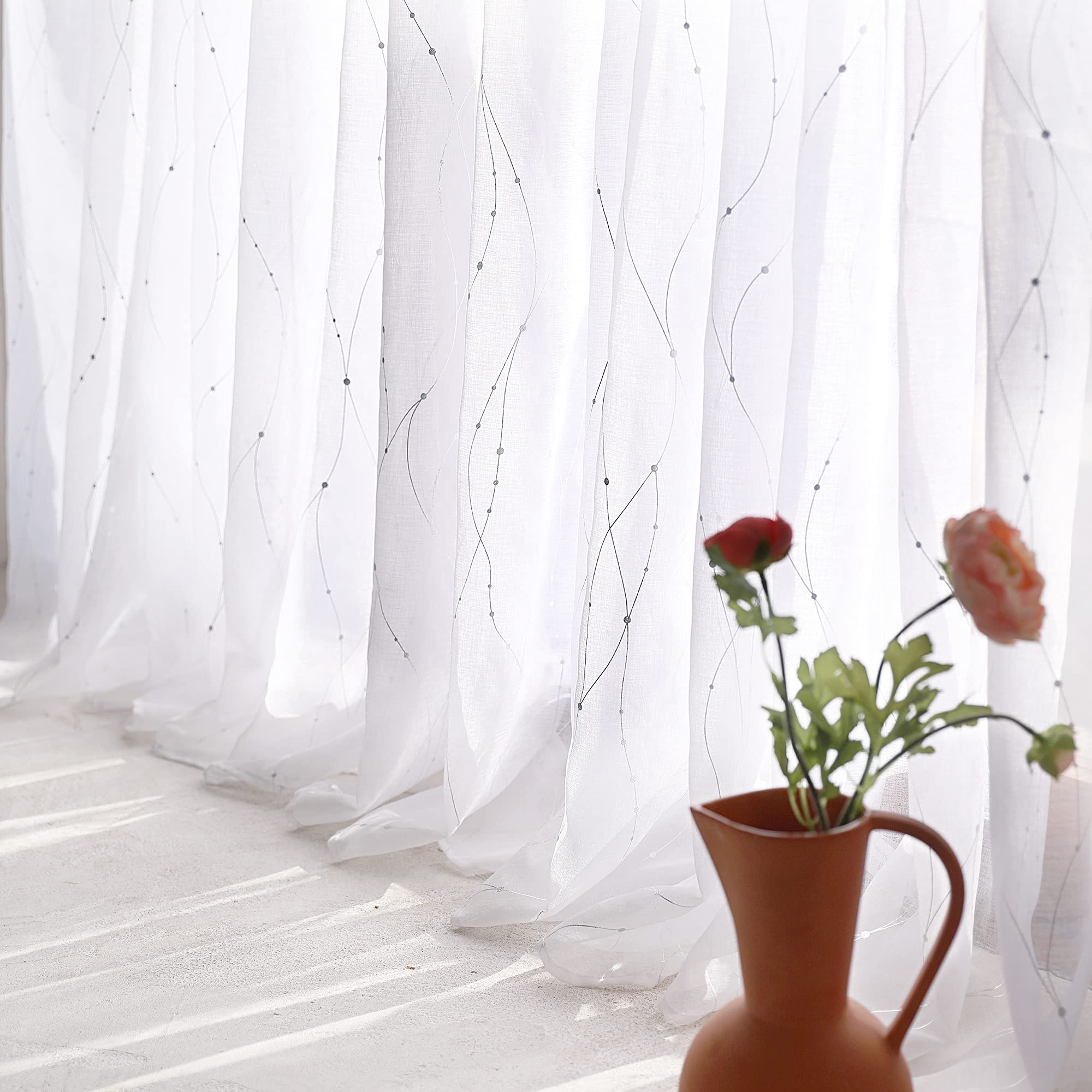 Deconovo Silver And White Curtains For Living Room, Extra Sheer White Curtains 96 Inches Long, Outdoor Light Filtering Curtains