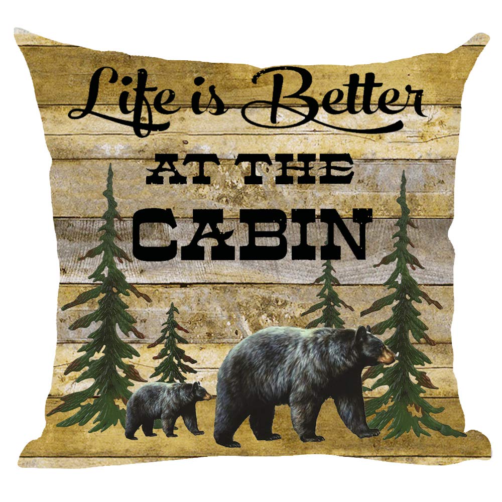 Ramirar Black Bear Life Is Better At The Cabin Forest Tree Field Retro Brown Wood Background Decorative Throw Pillow Cover Case