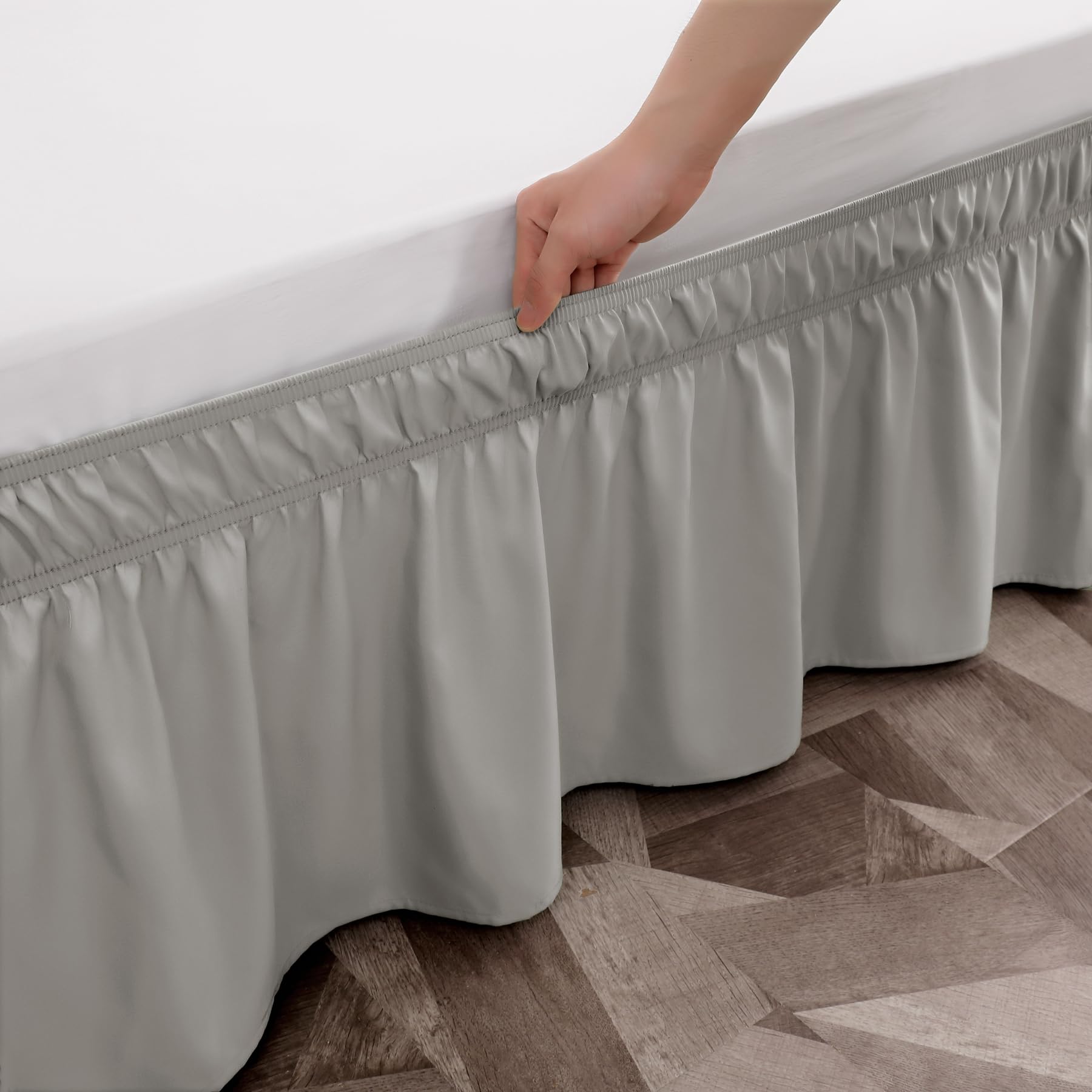Toodou Easy To Install Wrap Around Bed Skirt Three Fabric Sides Elastic Dust Ruffled 21 Inch Tailored Drop, Fade Resistant-Gray,