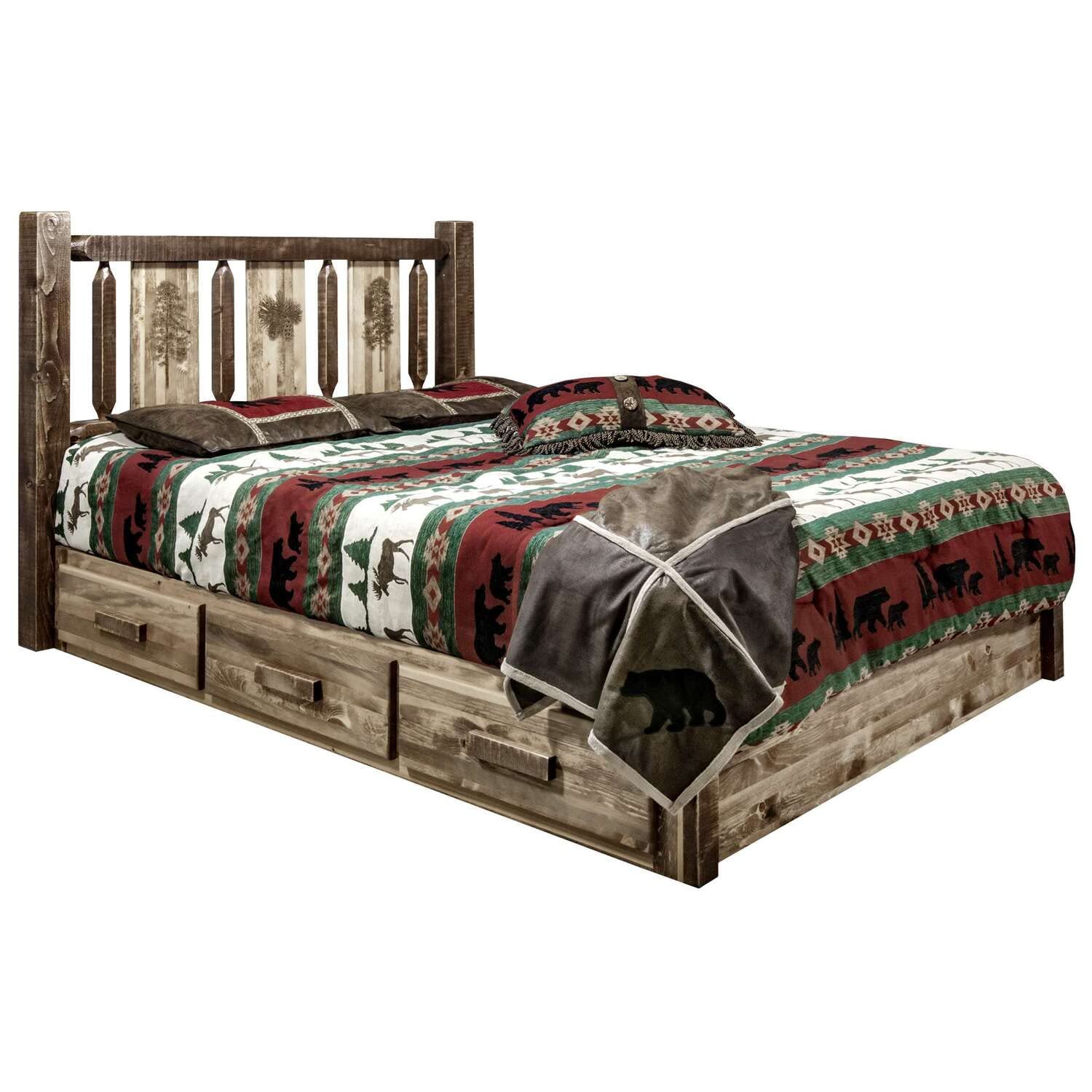 Montana Woodworks Homestead Collection Platform Bed w/Storage, California King w/Laser Engraved Pine Design, Stain & Clear Lacquer Finish