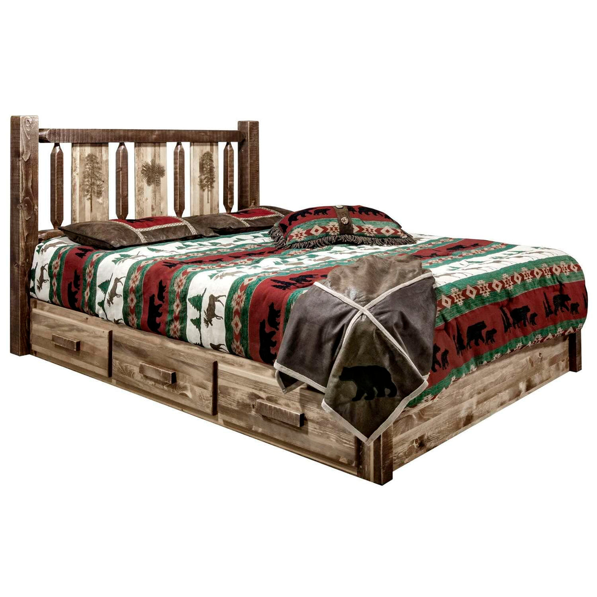 Montana Woodworks Homestead Collection Platform Bed w/Storage, Twin w/Laser Engraved Pine Design, Stain & Clear Lacquer Finish