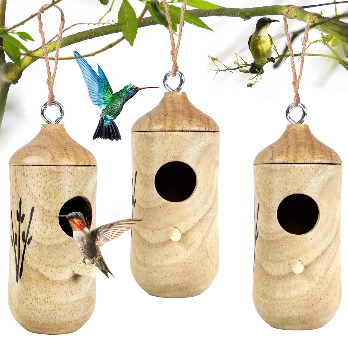 Hummingbird House For Outside Hanging,Wooden Humming Bird Nest 3 Pcs With Hemp Ropes (Mi3723)