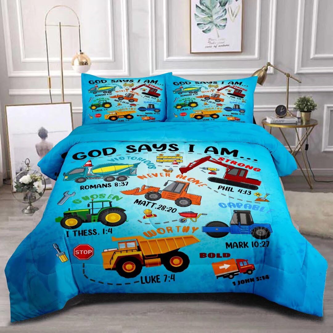 Grat Tioc Boys Construction Vehicles Truck Comforter Set Twin,Christian Kids God Says I Am Construction Bedding Set,Car Excavato