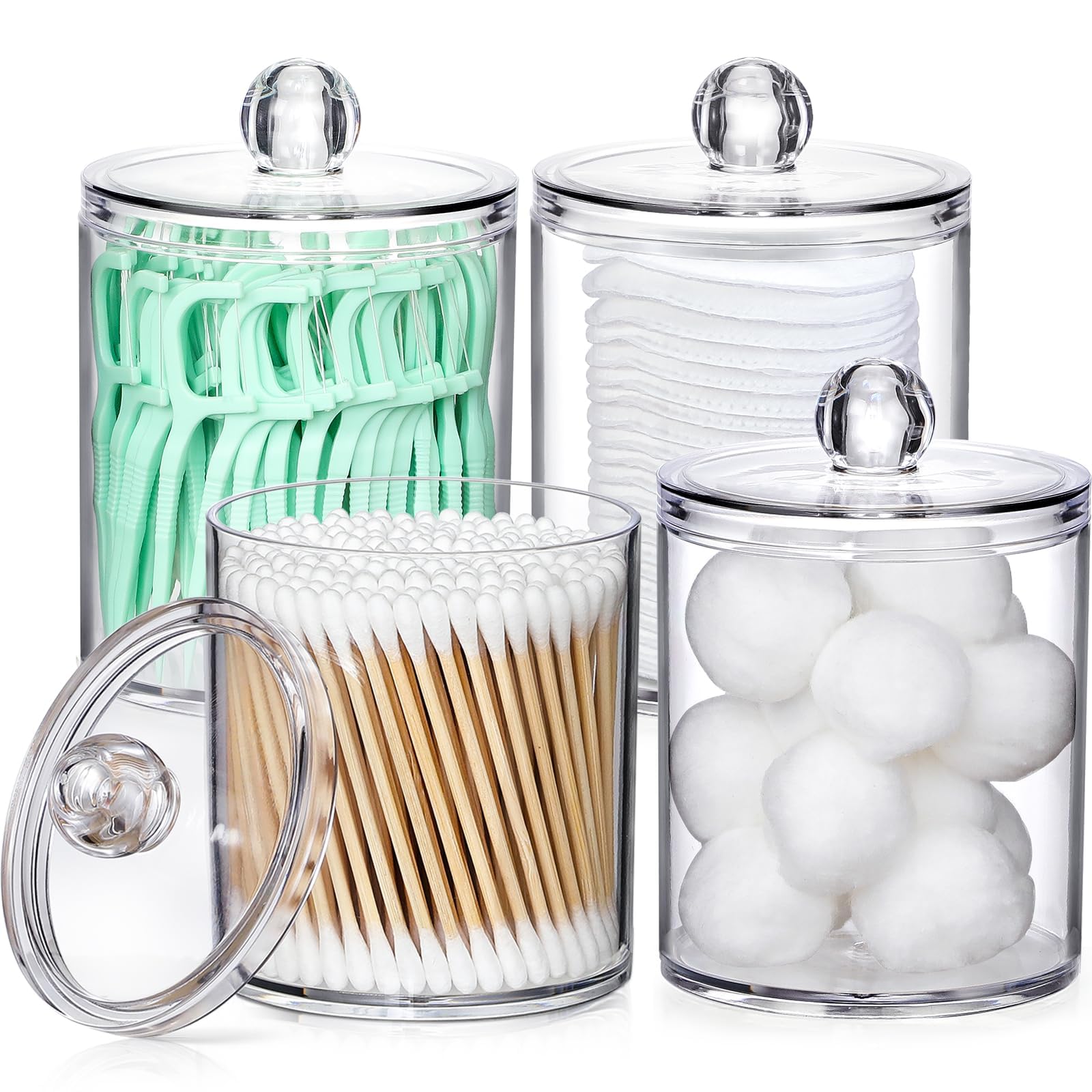 4 Pack Acrylic Qtip Holder Dispenser for Cotton Swabs, Balls, Pads, Floss Picks- Small Clear Plastic Canister Apothecary Jar Set