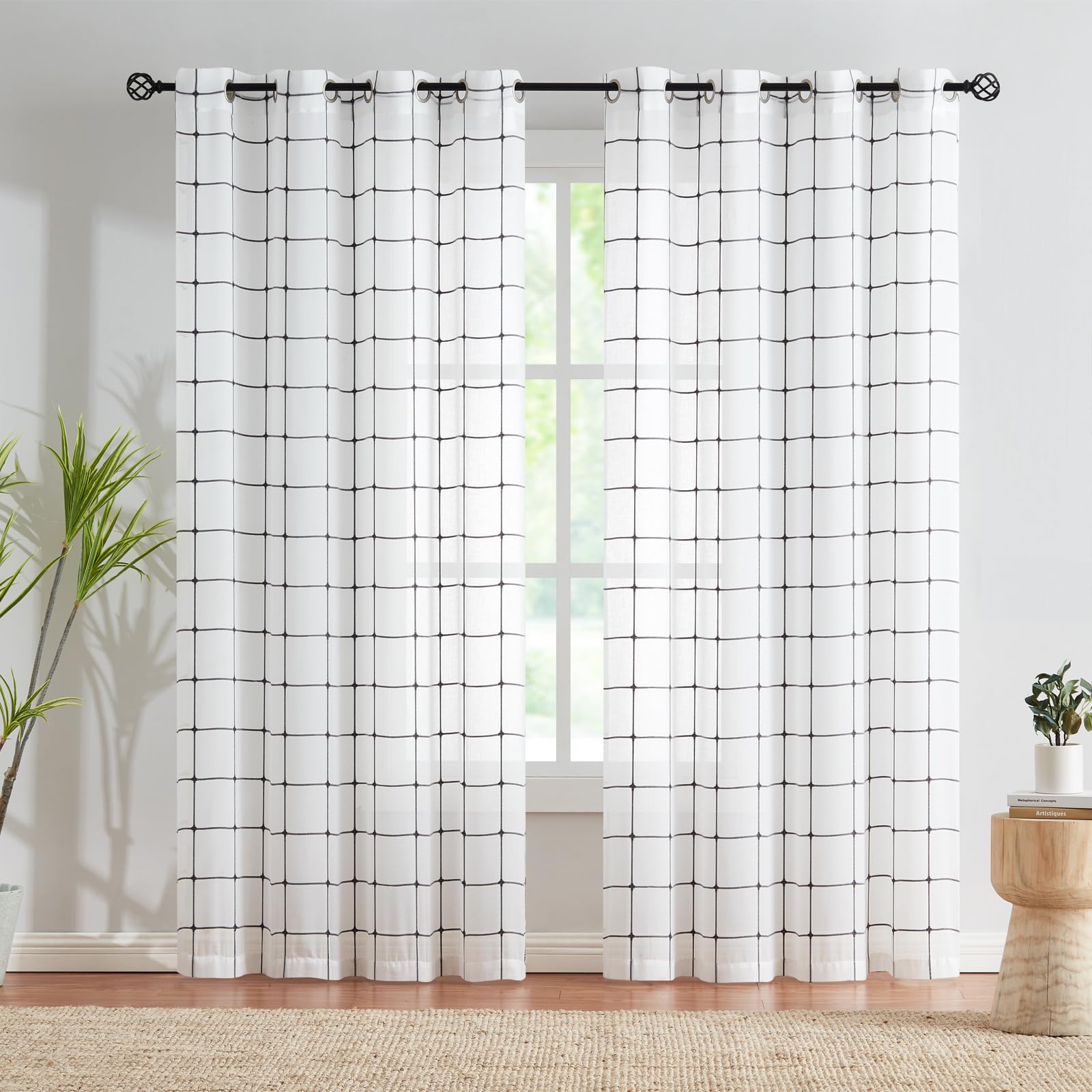 Treatmentex White Sheer Curtains For Living-Room 84 Inch Long Grey Checkered Sheer Window Drapes For Bedroom Light Filtering Squ