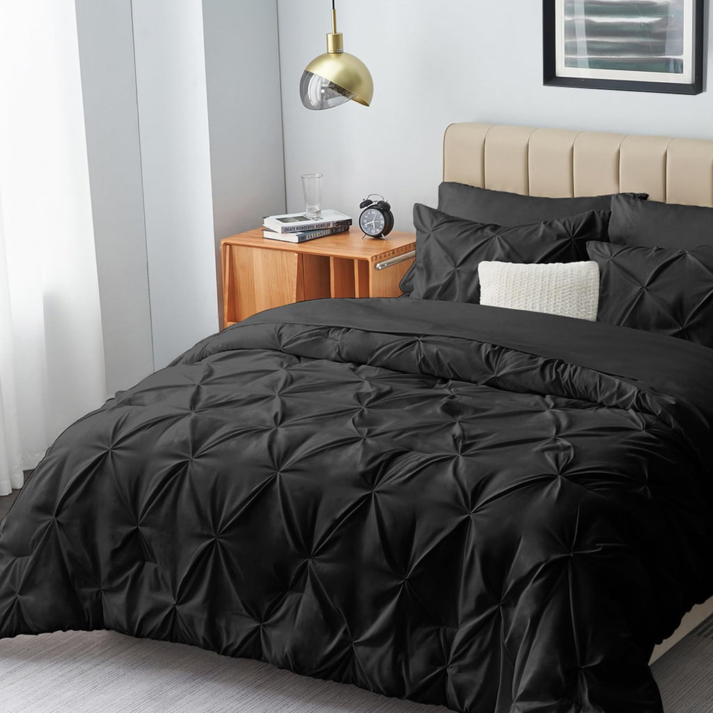 HIMEET Bedding Sets Full 7 Pieces Comforter Set Full Pintuck Bed in a Bag Full Bedding Set Pinch Pleat Design Black