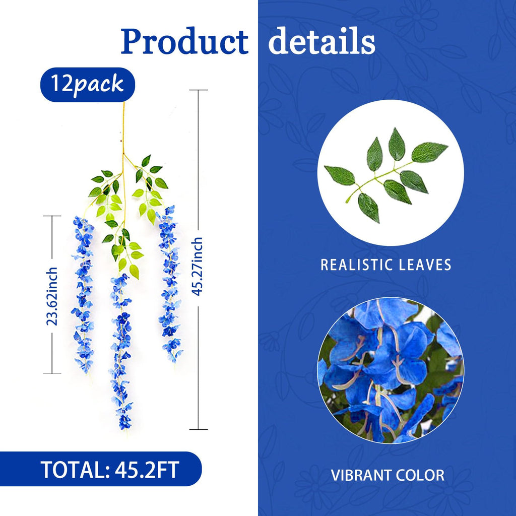 12 Pack Royal Blue Wisteria Hanging Flowers Garland, 3.77 Feet Royal Blue Artificial Wisteria Flower Vines, Fake Royal Blue Wist