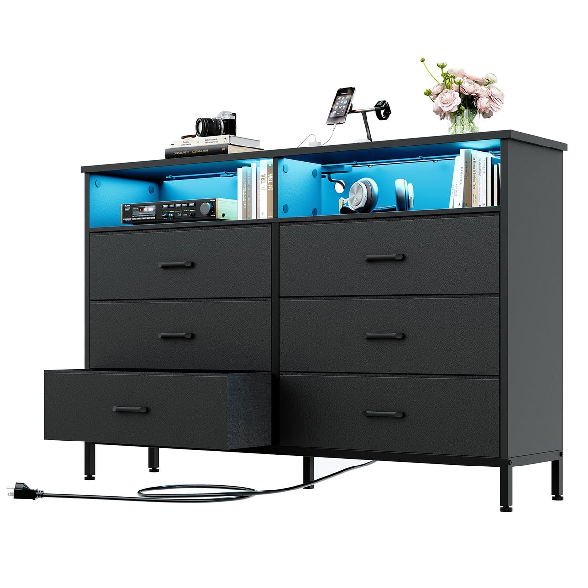 Black Dresser for Bedroom LED 6 Drawer Dresser Fabric Vertical StorageTower