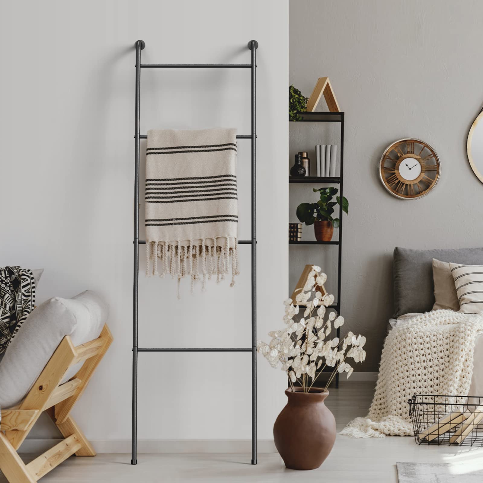 Blanket Ladder Decorative Towel Rack Holder for Bathroom, Wall Leaning Metal Drying Quilt Stand for Living Room Bedroom Farmhous