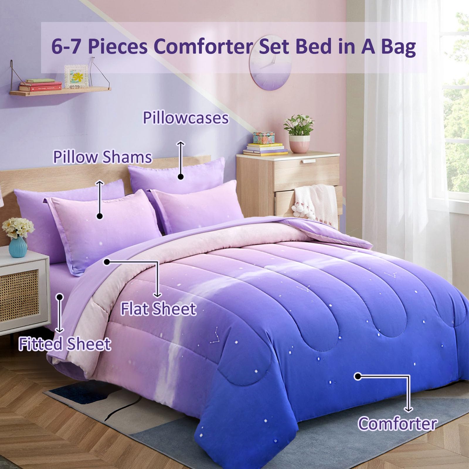 Dinjoy Girls Comforter Set Twin Size Colorful Rainbow Ombre Purple Lavender Pink Bedding Set Gradient 6 Pieces Bed In A Bag For