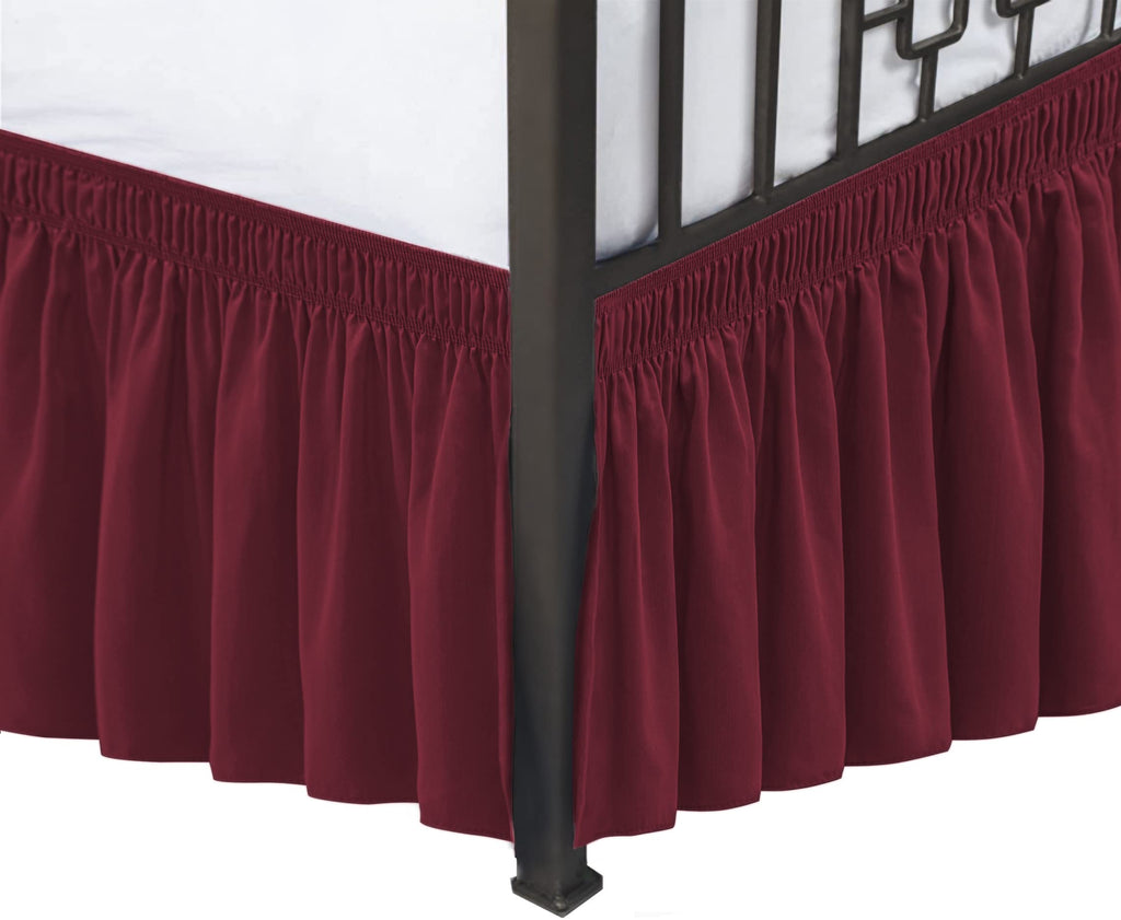 Biscaynebay Wrap Around Bed Skirts With Split Corners For King Beds 14' Drop, Burgundy Elastic Dust Ruffles Easy Fit Wrinkle & Fade Resistant Silky Luxurious Fabric Solid Machine Washable