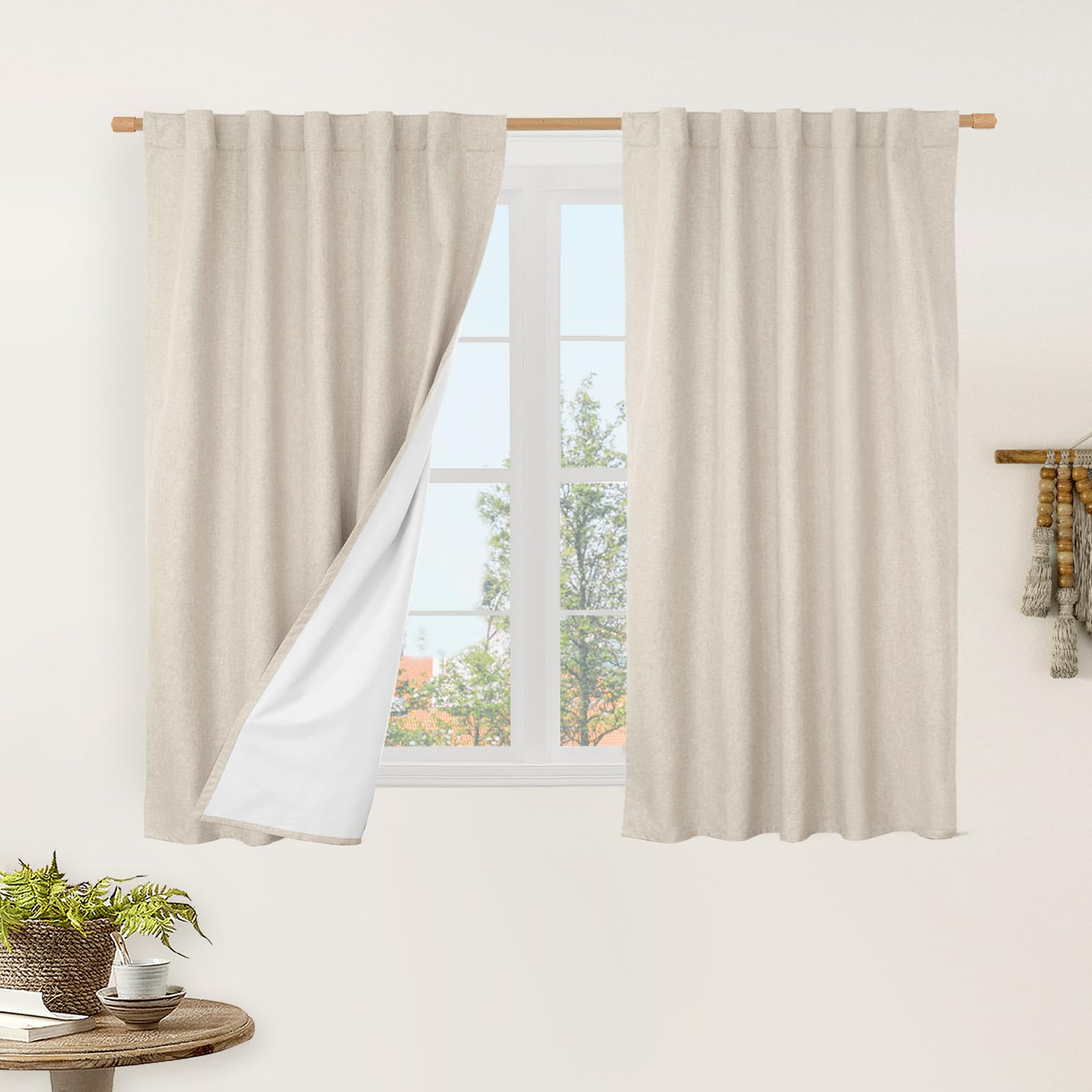 LAMIT 45 Inches 100% Blackout Linen Curtains, Linen Textured Thermal Bedroom Drapes Back Tab and Rod Pocket Neutral Panels with 