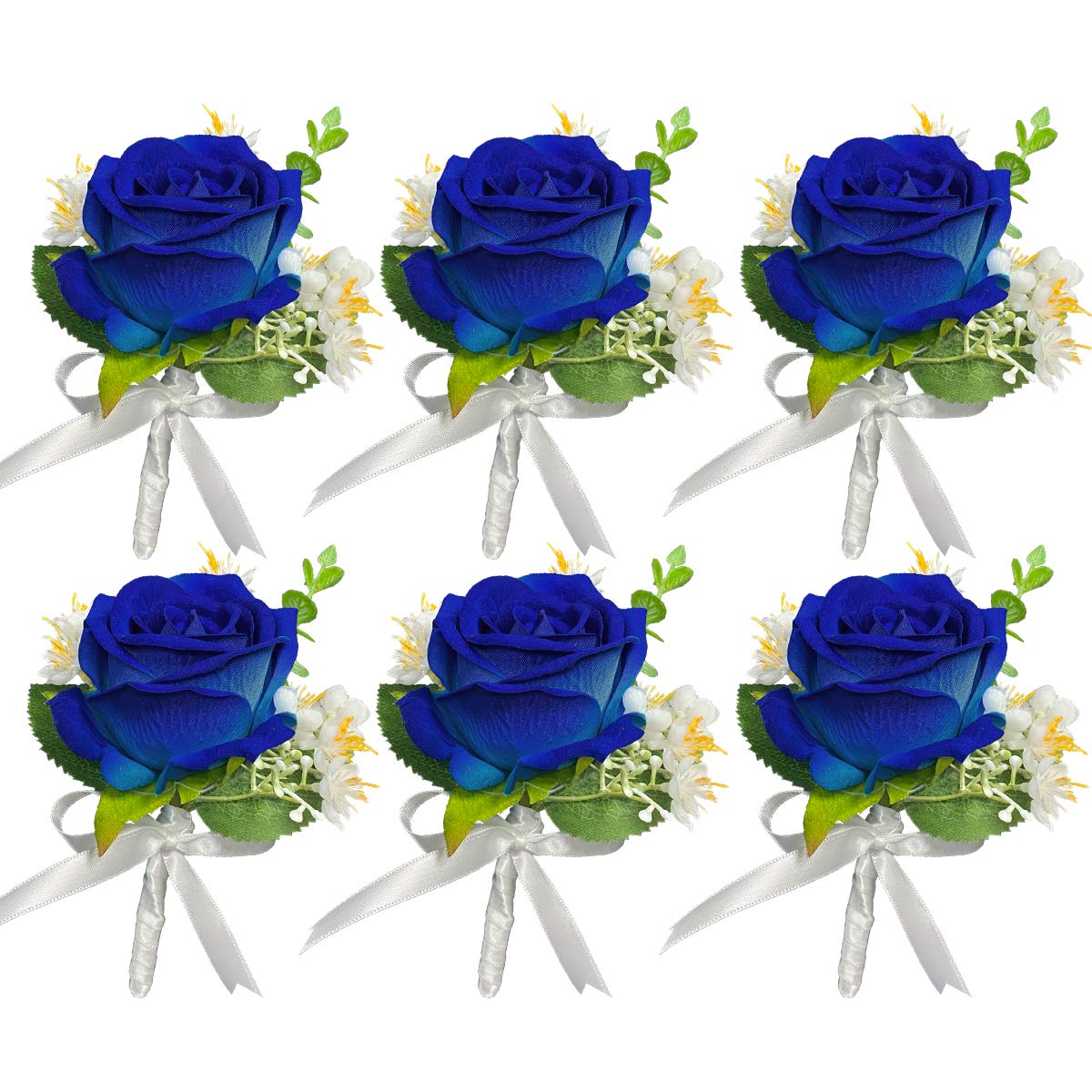 Rinlong 6Pcs Boutonnieres for Men Wedding Boutonnieres with Pins for Groom Brooch Bouquets Best Man Royal Navy Blue Boutonnieres