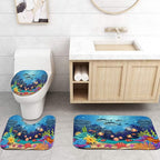 Nbvko 4Pcs Cartoon Blue Ocean And Creature Shower Curtain Set With Non-Slip Rugs,Toilet Lid Cover And Bath Mat,Bathroom Shower D