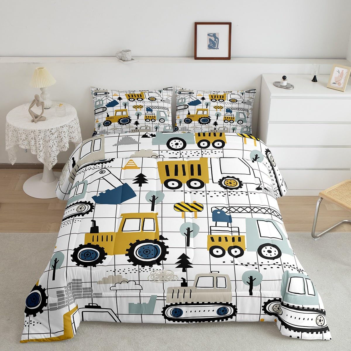 Feelyou Construction Comforter Set Queen Size Kids Excavator Tractor Toddler Comforter Cartoon Car Equipment Trucks Plaid Grid C