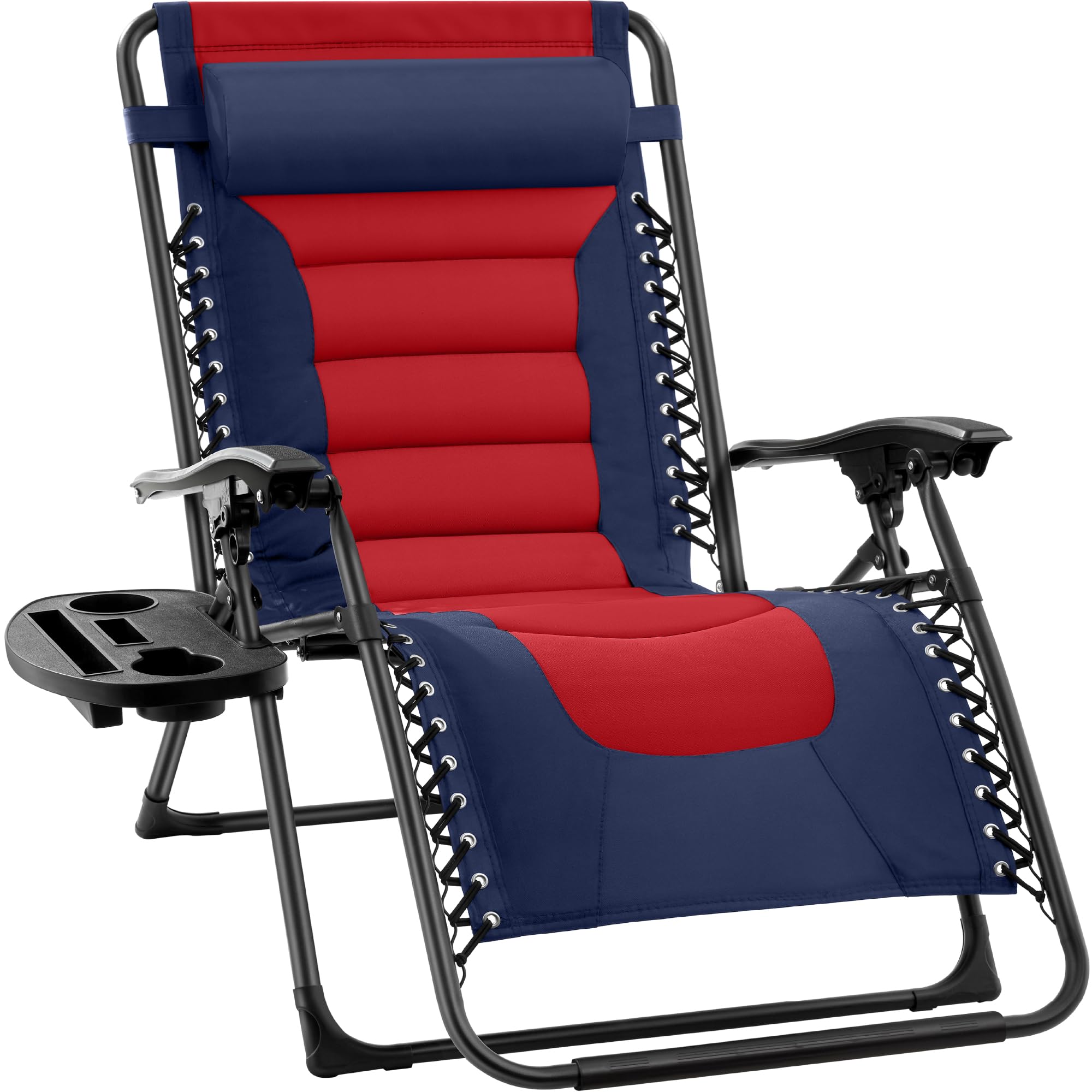 Best Choice Products Oversized Padded Zero Gravity Chair, Folding Outdoor Patio Recliner, Xl Anti Gravity Lounger For Backyard W/Headrest, Cup Holder, Side Tray, Polyester Mesh - Navy/Red