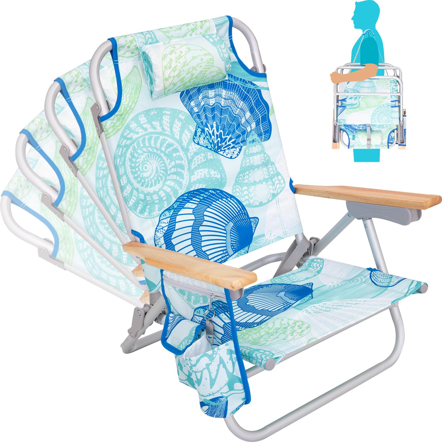 #WEJOY Beach Chair with 4 Positions for Adults Portable Backpack Aluminum Beach Chair with Wooden Armrest Lightweight Folding Ch