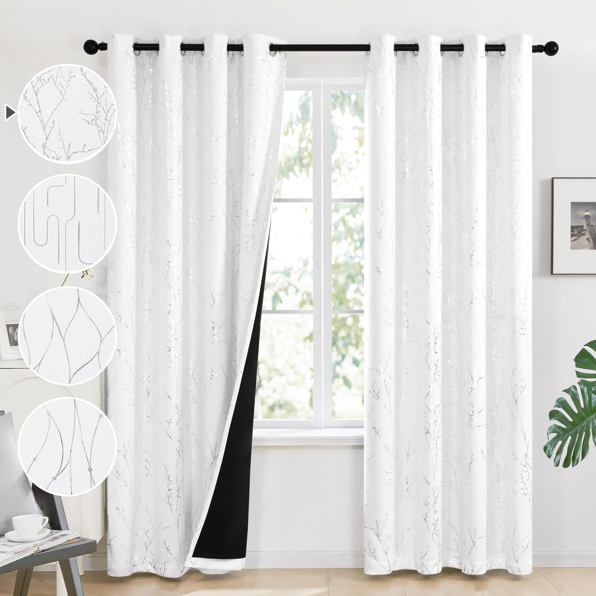 Deconovo Full Blackout Curtains For Dining Room - Noise Reducing Drapes For Living Room, Grommet Curtains With Decorative Twigs