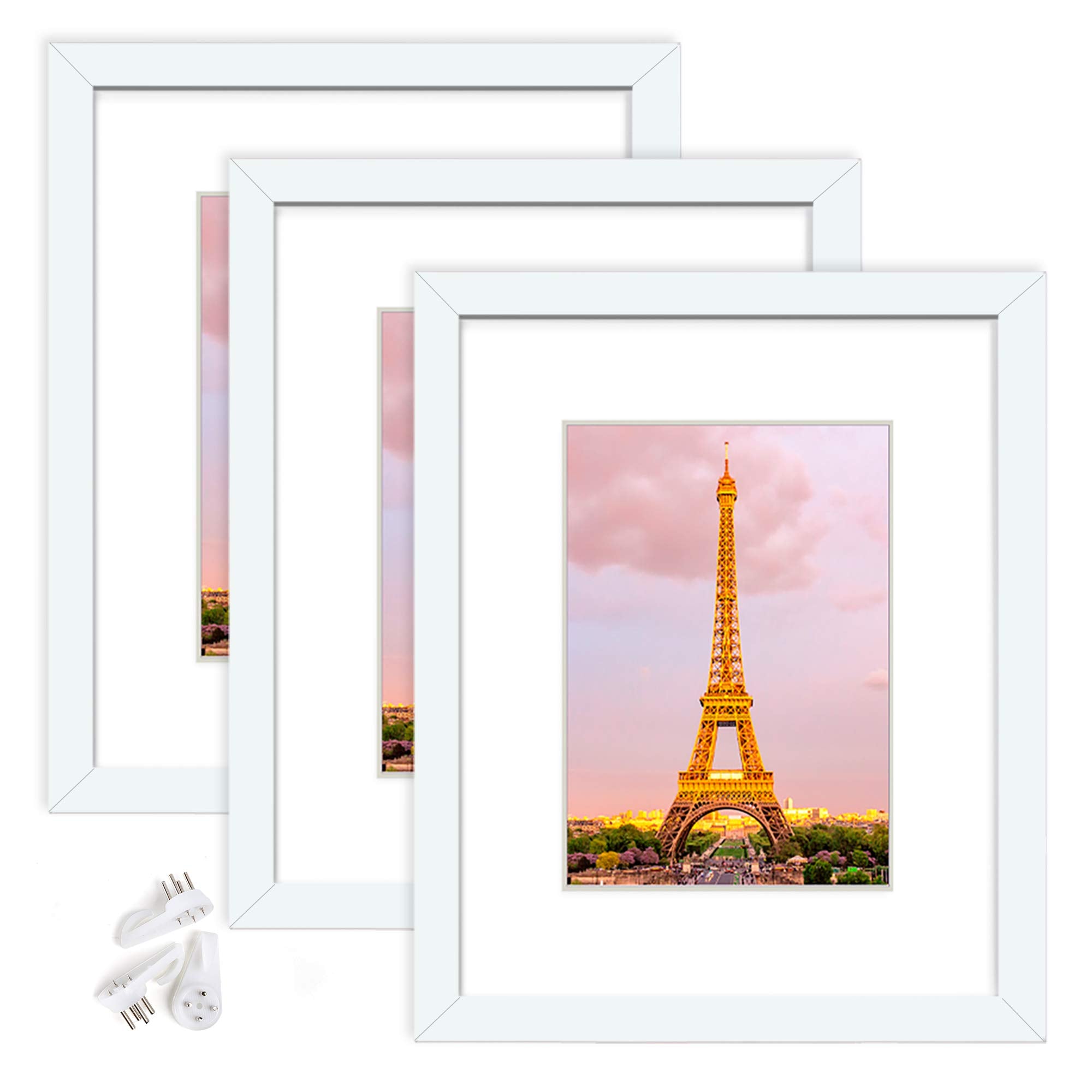 upsimples 8x10 Picture Frame Set of 3, Made of High Definition Glass for 5x7 with Mat or 8x10 Without Mat, Wall Mounting Photo F