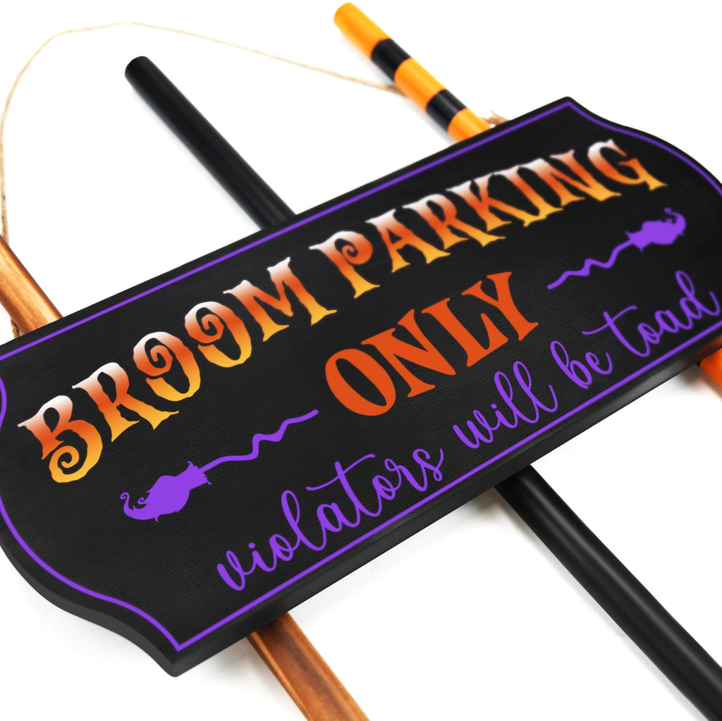 Oriental Cherry Halloween Decorations - Halloween Decor - Broom Parking Sign With 3 Wooden Witches Brooms - Hocus Pocus Cute Dec