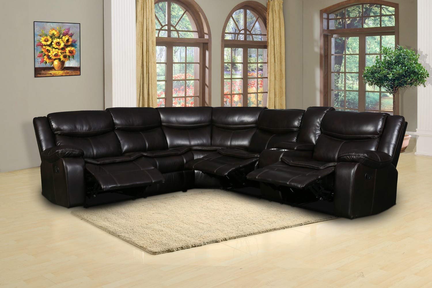 Homeroots Leather Upholstery/Solid Wood Frame 92'/106' X 37' X 39' Brown Reclining Sectional