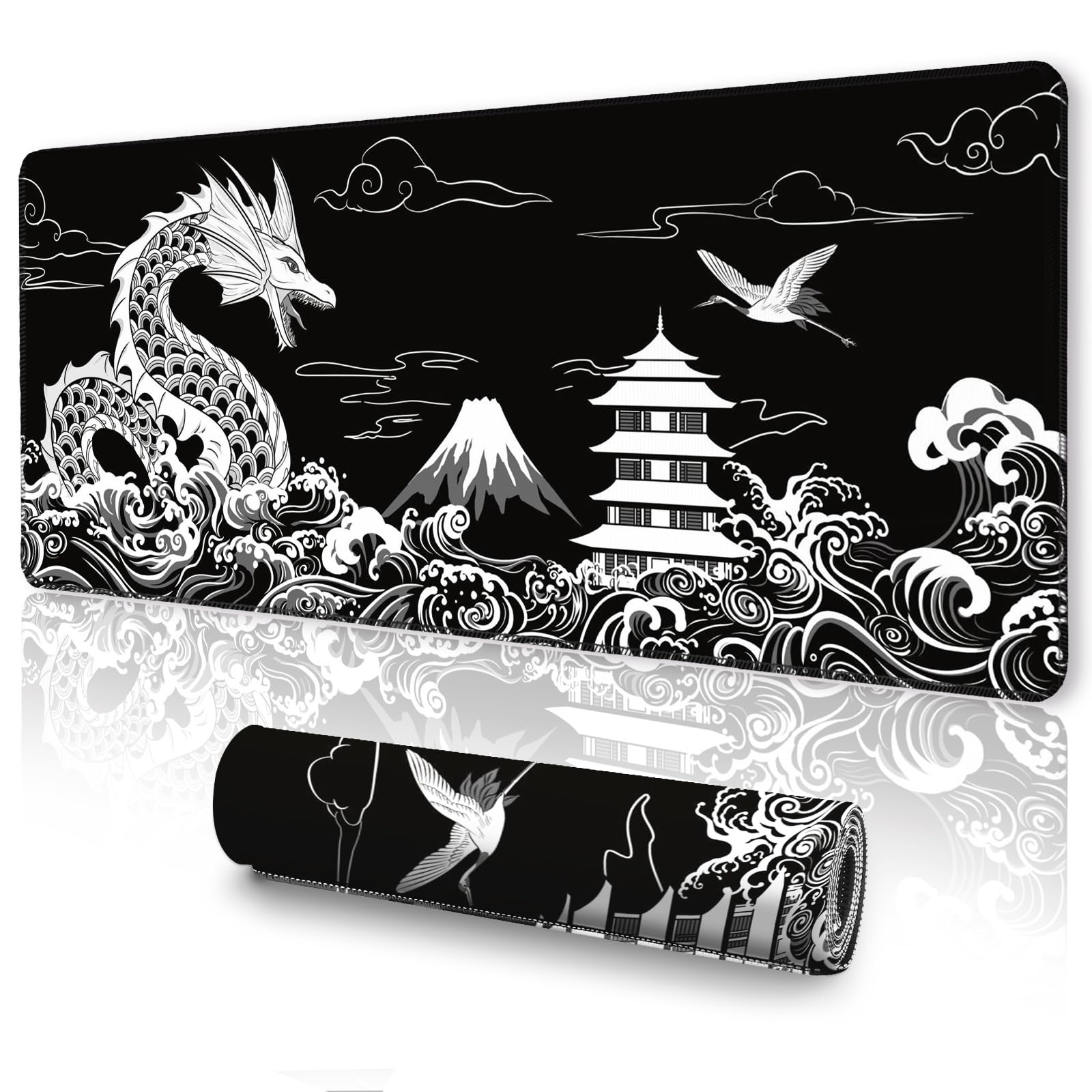 Ujoowalk Japanese Dragon Large Gaming Mouse Pad, Black Mouse Pad Gaming 31.5 X 11.8 In, Large Desk Mat, Keyboard Mousepad With N