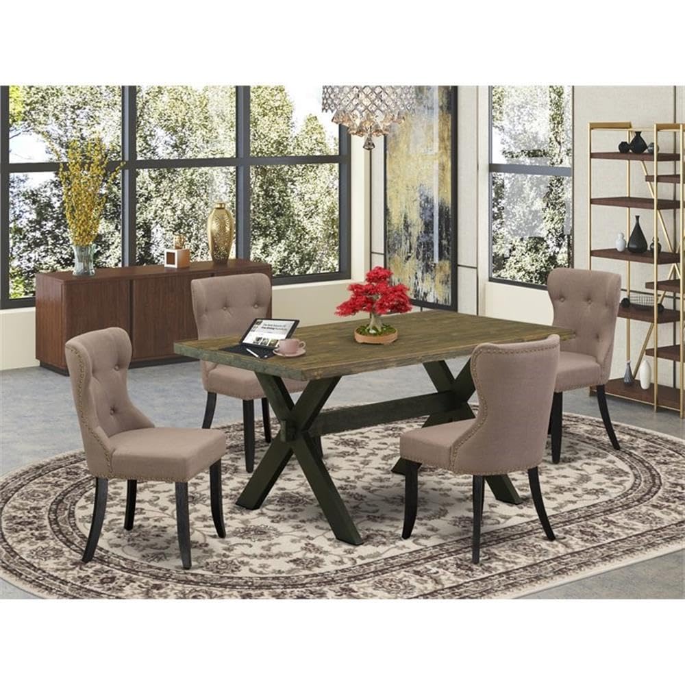 East West Furniture X676Si648-5 5 Piece Kitchen Table Set For 4 Includes A Rectangle Dining Room Table With X-Legs And 4 Coffee Linen Fabric Upholstered Chairs, 36X60 Inch, Multi-Color