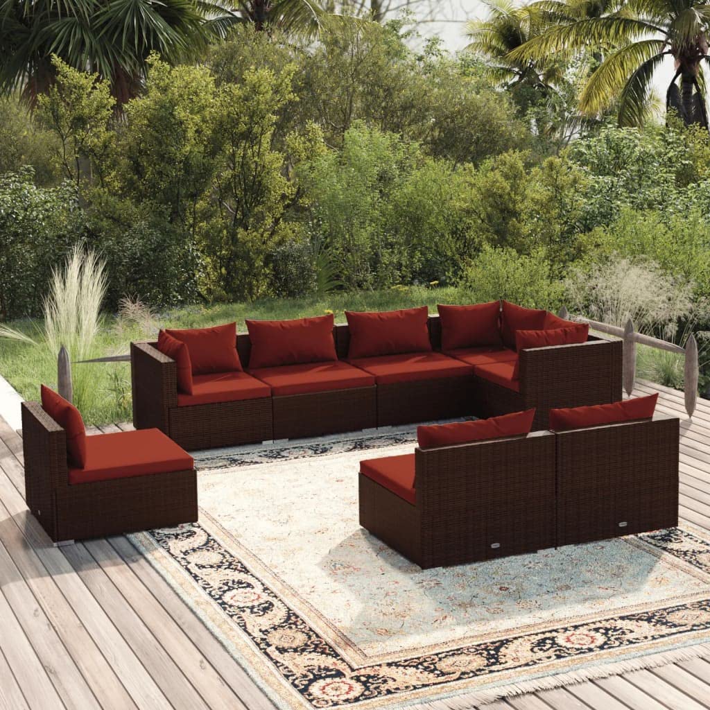 vidaXL 8-Pc Patio Lounge Set in Brown Poly Rattan- Contemporary Outdoor Sofa Set with Powder-Coated Steel Frame and Red Polyester Cushions