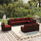 vidaXL 8-Pc Patio Lounge Set in Brown Poly Rattan- Contemporary Outdoor Sofa Set with Powder-Coated Steel Frame and Red Polyester Cushions