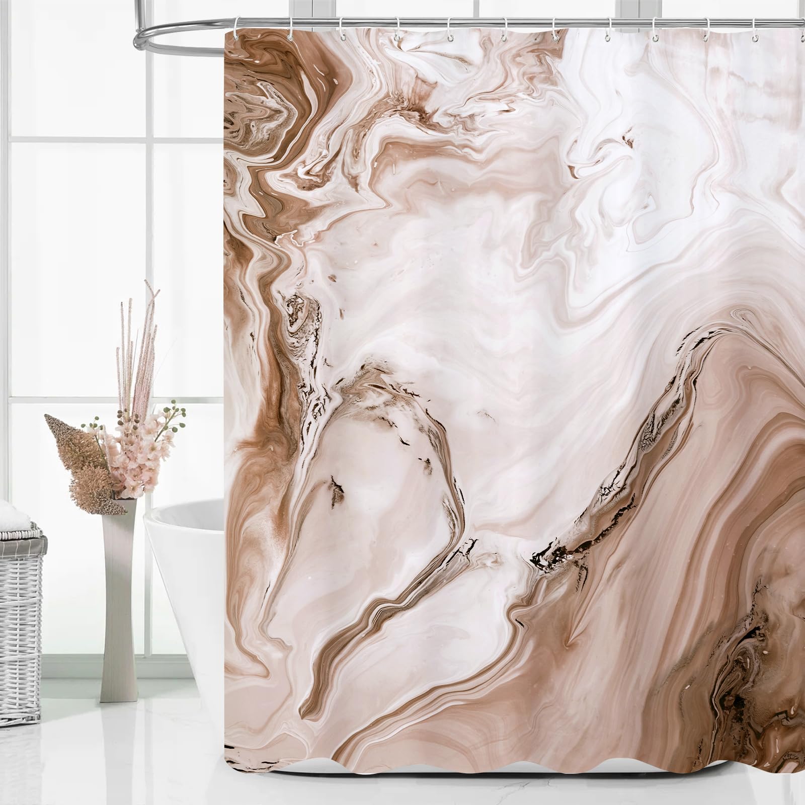 MitoVilla Brown Marble Shower Curtain, Abstract Ombre Fabric Shower Curtains for Modern Bathroom Decor, Luxury Cloth Watercolor 