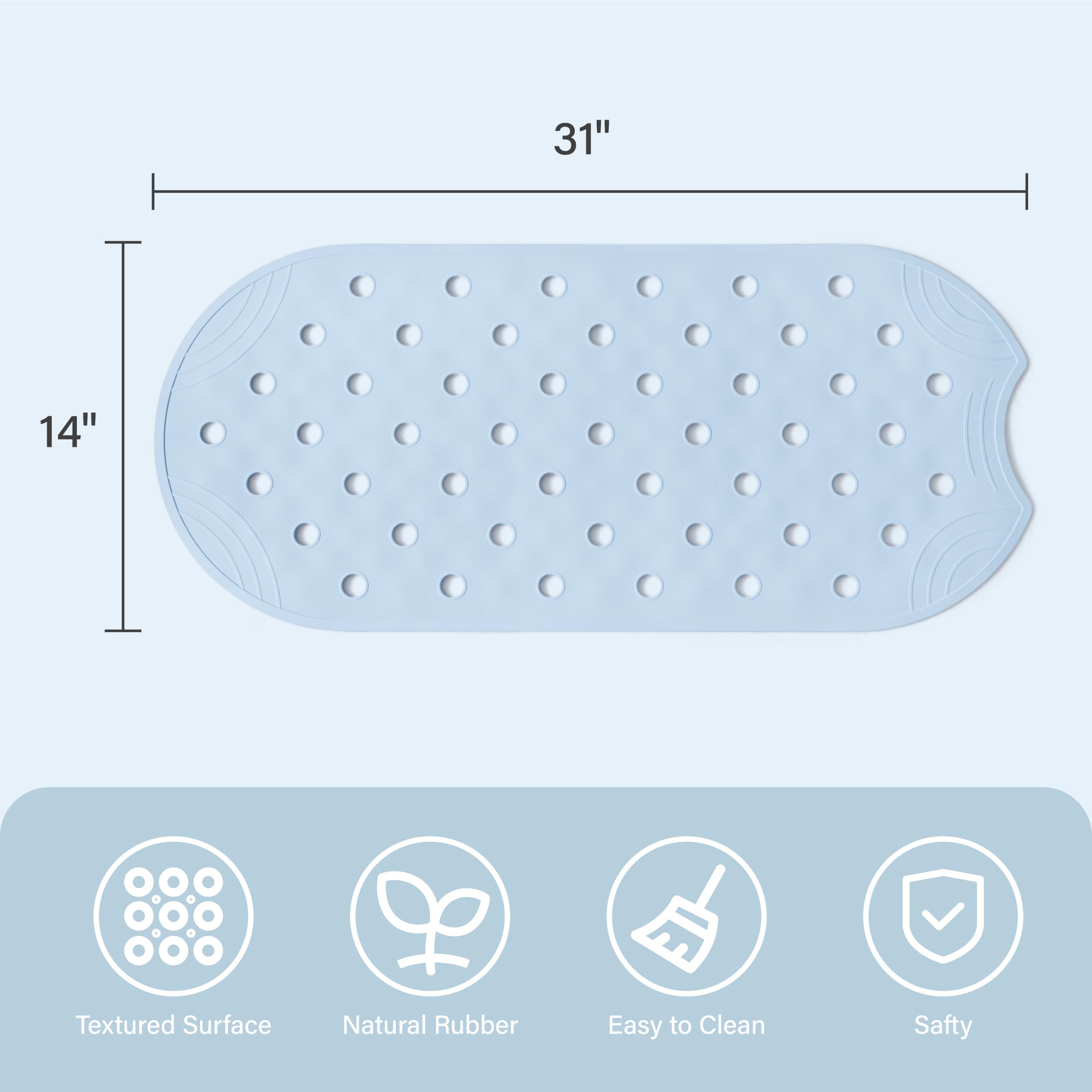 Selfsuite Rubber Bathtub Mat Shower Mat Non-Slip, 31X14 Inch, Bath Tub Floor Mat With Suction Cups And Drainage Holes, Light Blu