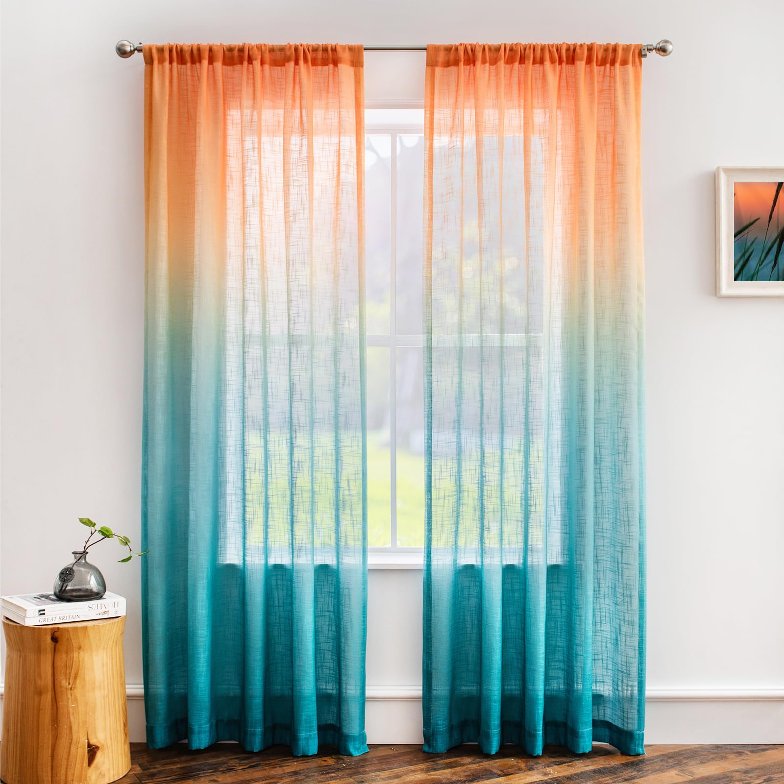 Melodieux Linen Textured Ombre Semi Sheer Curtains 96 Inches Long For Living Room Bedroom Sunset Rod Pocket Gradient Drapes, Ora