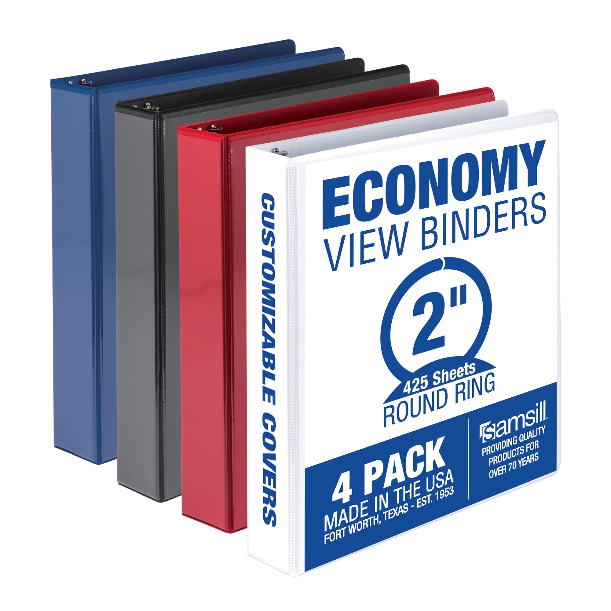 Samsill Economy 2 Inch 3 Ring Binder, Made In The Usa, Round Ring Binder, Non-Stick Customizable Cover, Assorted, 4 Pack (Mp4869