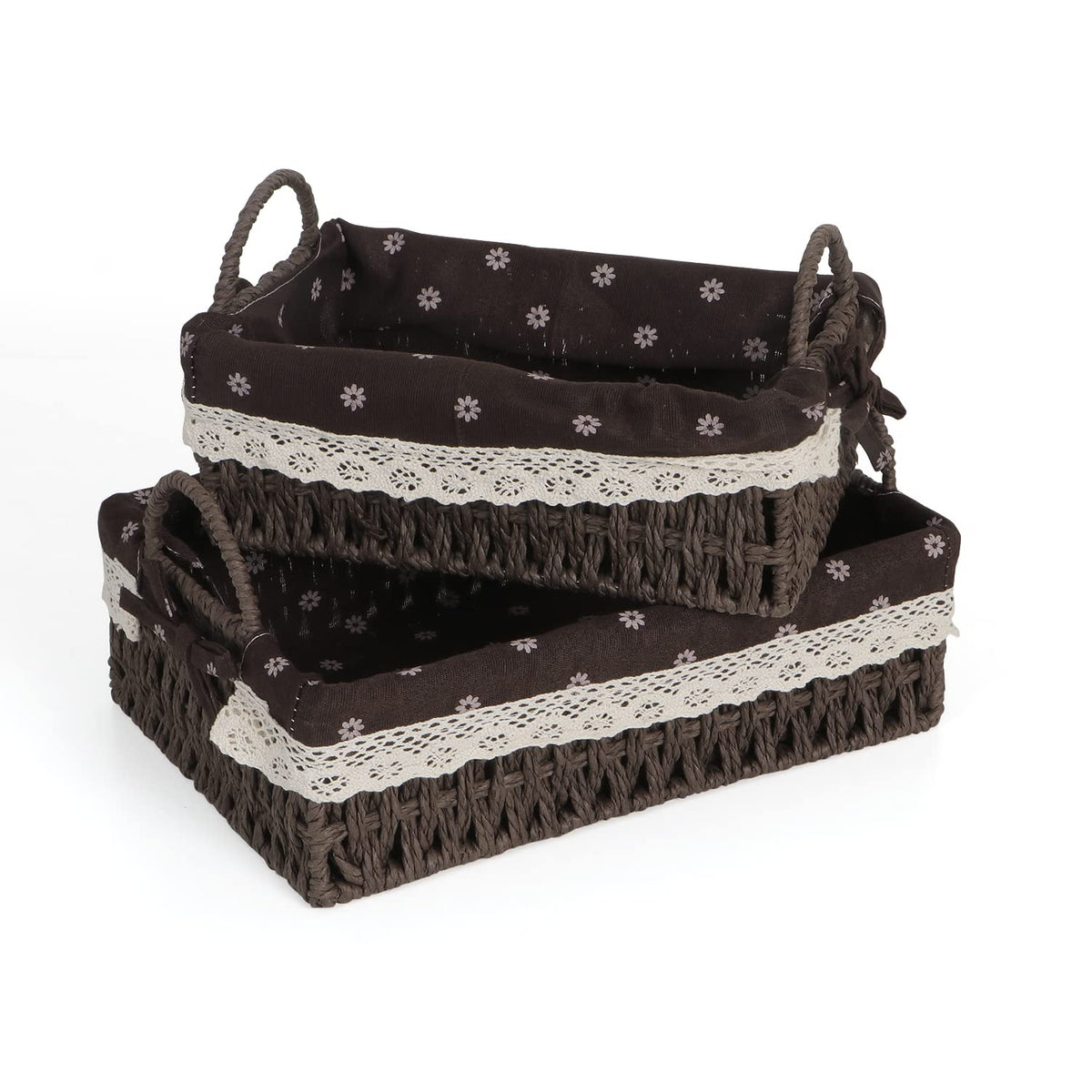 HOKIPO Rectangular Environmental Friendly Paper Rope Wicker Storage Baskets With Handle, Pack of 2, Brown (AR3907CBR)