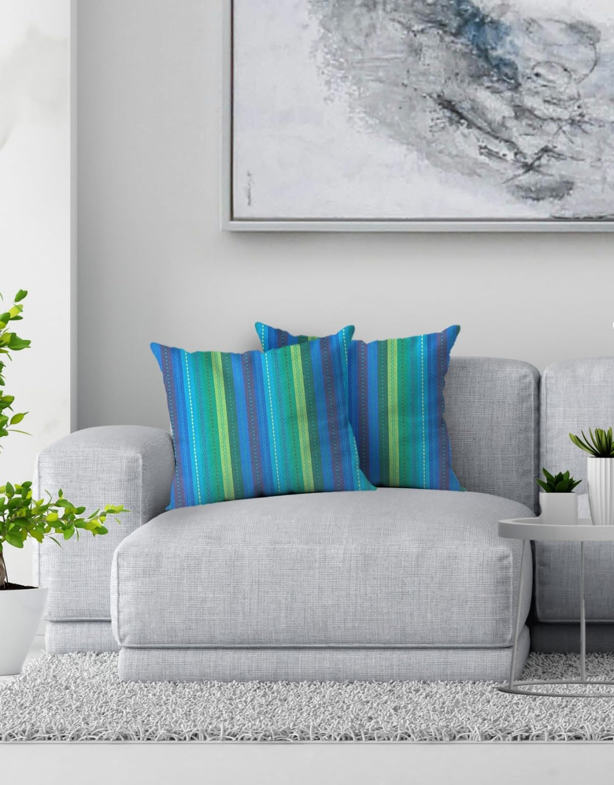 Knotting Home Cotton Salsa Stripe Cushion Cover Set Of 2 20X20 Inch Blue/Teal Multicolour Large Square Throw Pillow Covers For S